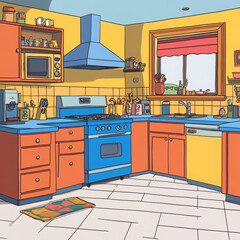A wacky cartoon kitchen bursts with orange, blue, yellow, and red! A zany stove, funky fridge, and checkered floors complete the look