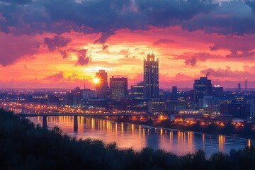 Fototapeta premium Downtown Peoria Skyline at Sunset Illinois Cityscape
