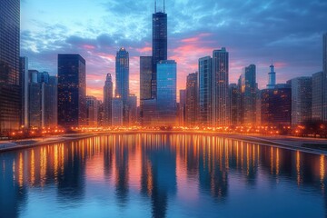 Chicago Skyline Cityscape Over the River at Dusk