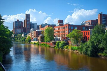 Fototapeta premium Peoria Illinois City Skyline with River and Lush Trees on a Sunny Day