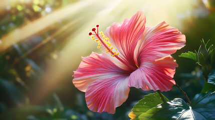 Close up of hibiscus flower blooming in tropical setting with sunlight