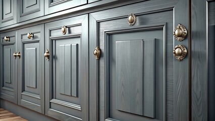 Fototapeta premium Elegant Gray Kitchen Cabinets with Vintage Design & Modern Stainless Steel Handles