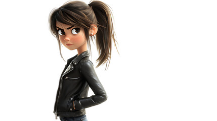 A cartoon girl with a black jacket and a ponytail