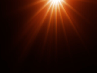 glowing light on blue background, shining effect element. Shining sun at clear blue sky with empty copy space. Sunny summer days with blue heaven. Sunrays, sunbeams, sunburst, bokeh sunlight.