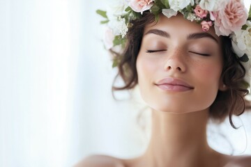 Close-up portrait of a young beautiful woman with her eyes closed in pleasure, wearing a wreath of delicate flowers, daydreaming or meditating.