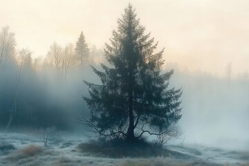 Misty Forest with Trees and Haze in Autumn Morning