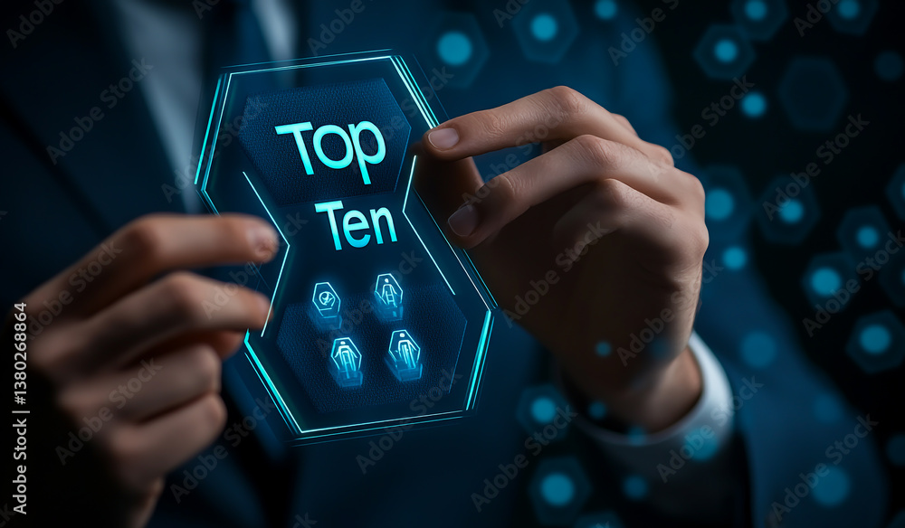 Poster businessman touching a virtual screen with top ten text and icons on a hexagonal background, a busin