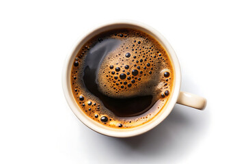 top view of isolated mug with hot black coffee white background