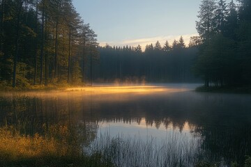Golden Light in Tranquil Autumn Forest Lake