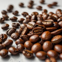 Scattered coffee beans white background.