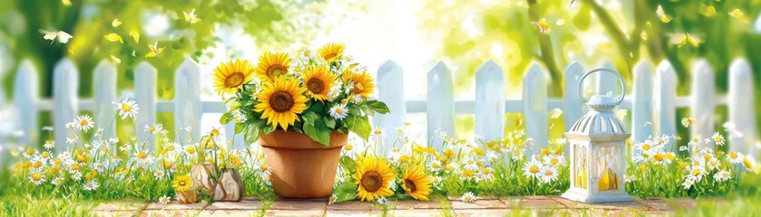 Obraz premium Sunflowers and Daisies in a Summer Garden
