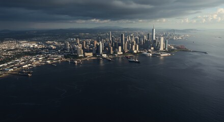 Aerial view of coastal city skyline threatened by rising sea levels. Climate change impact on urban areas. Environmental disaster risk for metropolis near ocean
