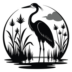 Fototapeta premium A striking black and white silhouette of a heron standing in water, perfect for nature, wildlife, and tattoo designs