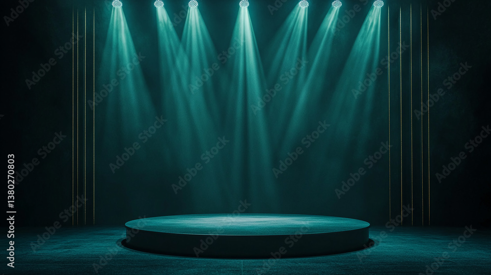 Poster dark teal stage with circular platform, illuminated by spotlights, creating dramatic mood, ideal for