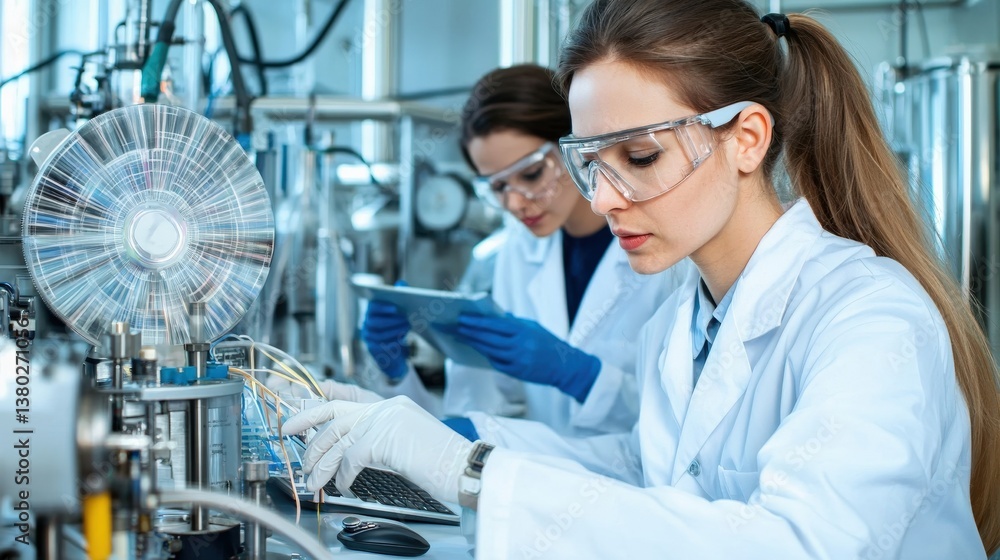 Aufkleber innovation lab startup concept. laboratory scientists working on experiments with equipment.