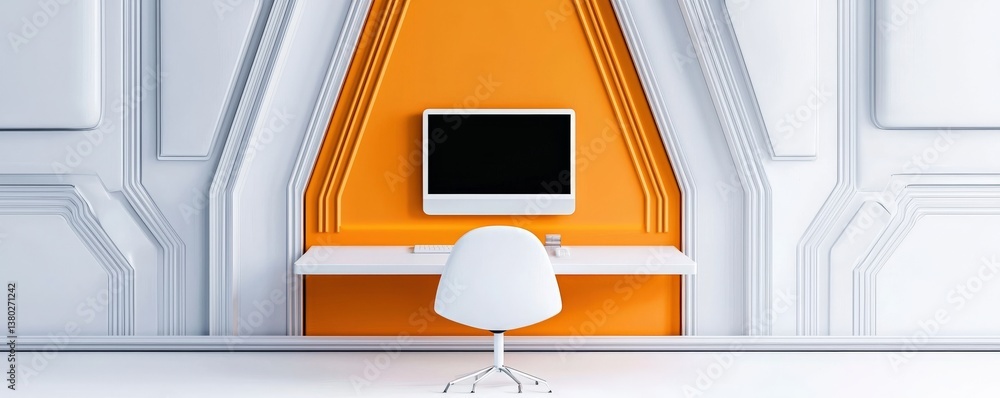 Poster innovation lab startup concept. minimalist workspace with a computer and an orange accent wall.