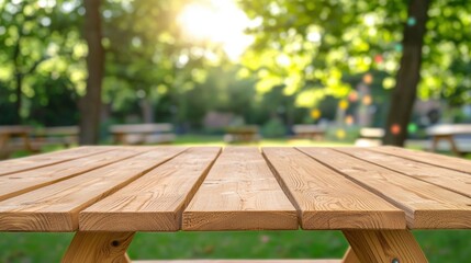 Fototapeta premium A wooden table is set outdoors, surrounded by lush greenery and soft sunlight filtering through trees, creating a serene and inviting atmosphere.