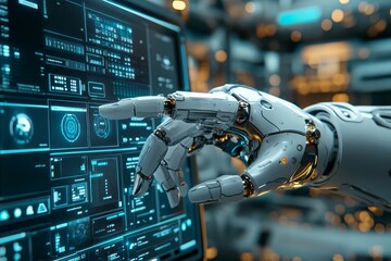 Robotic hand engaging with touchsensitive computer screen technology in an innovative environment