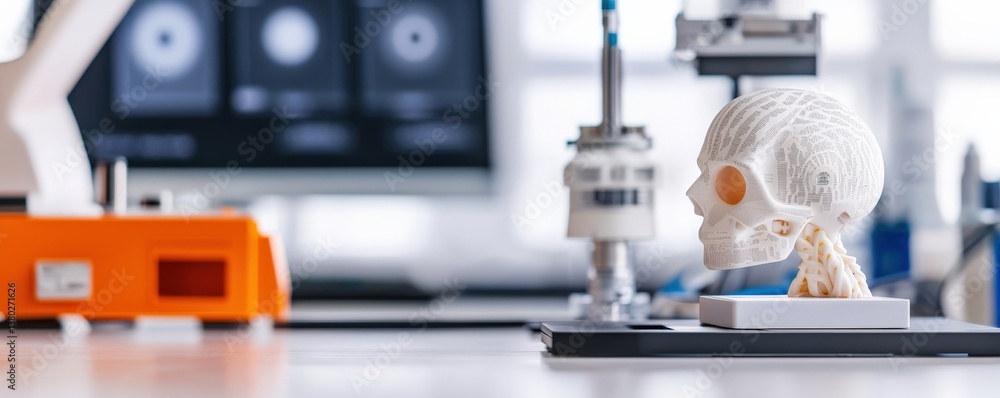 Aufkleber innovation lab startup concept. 3d printed skull model in a modern laboratory setting.