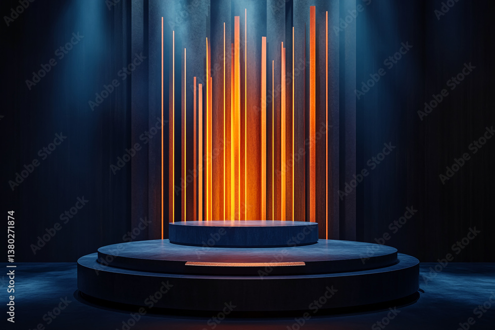 Poster dark blue circular podium with orange backlit wall, creating a dramatic and modern showcase ideal fo