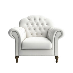 Elegant white armchair with tufted backrest and decorative details set against a clean Transparent background, White armchair isolated