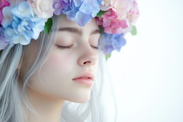 Fototapeta premium Serene woman with silver hair adorned by a vibrant flower crown, eyes closed in peaceful contemplation.