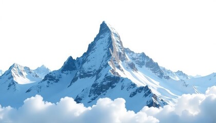 Fototapeta premium Snow-covered mountain peak, dramatic silhouette on bright white background, landscape, white