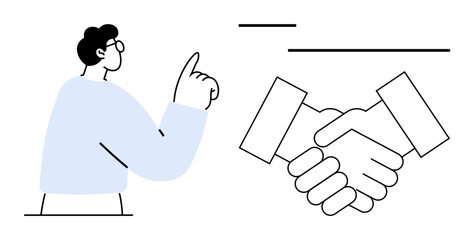 Person making a pointing gesture alongside a handshake representation. Ideal for collaboration, agreement, teamwork, communication, partnership, negotiation, trust. Flat simple metaphor