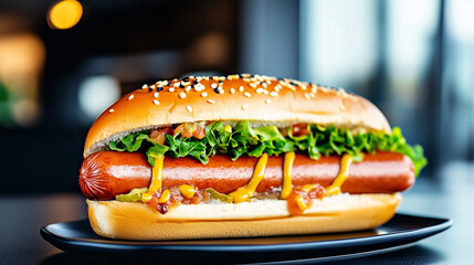 Delicious hot dog on a back plate side view.