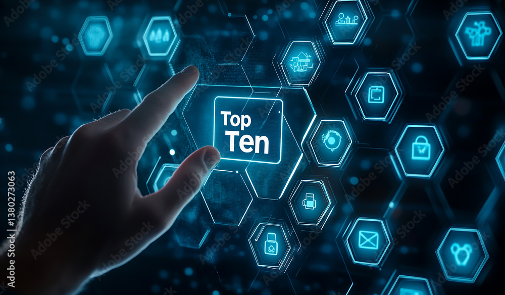 Poster businessman touching a virtual screen with top ten text and icons on a hexagonal background, a busin