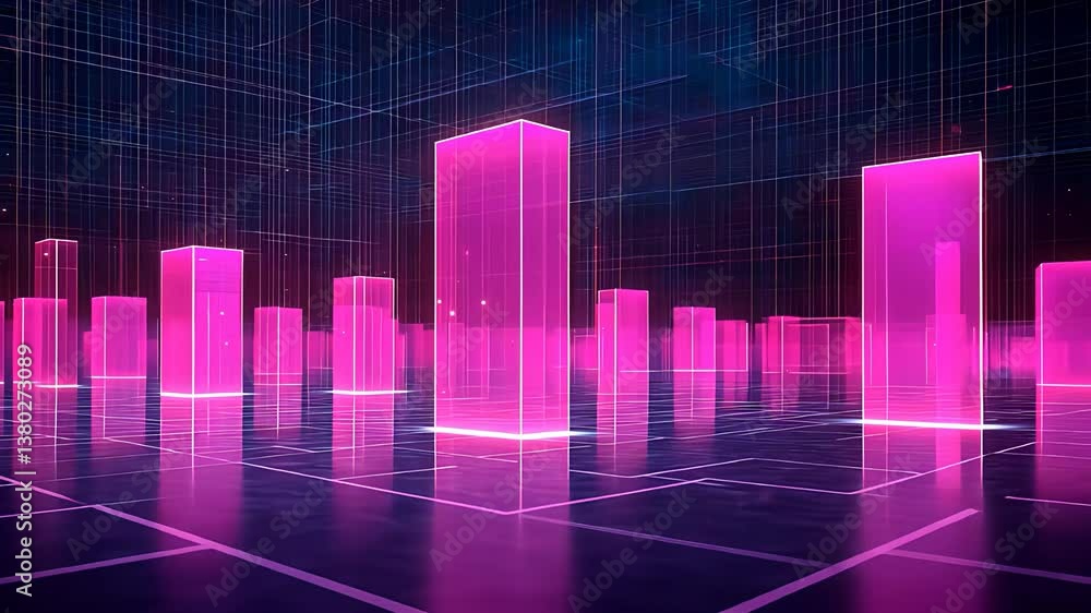 Poster neon pink glass structures on grid floor with glowing gridlines and digital architectural layout