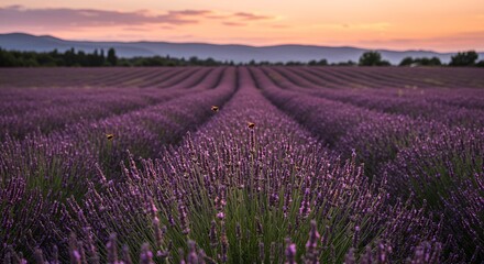 Fototapeta premium Vibrant Purple Lavender Field at Sunset with Honeybees