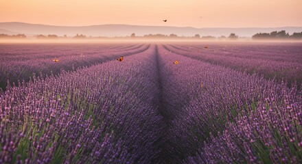 Obraz premium Sunrise Lavender Field with Butterflies: Violet and Lilac Hues Under a Warm Hazy Sun