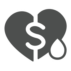 Obraz premium Dollar on heart and drop of blood solid icon, charity concept. Vector graphics. Blood donation sign on white background, glyph style icon for mobile or web design.
