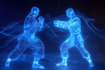Martial artists in a dynamic holographic display during a training session