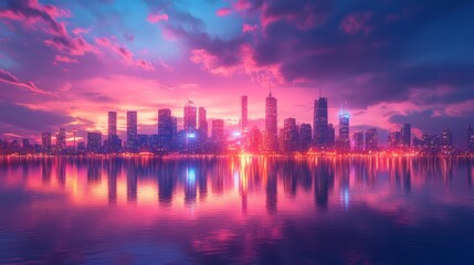 City skyline during sunset with pink sky and clouds reflecting on the buildings