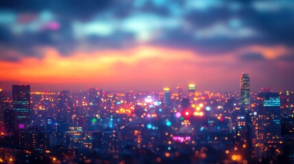 Fototapeta premium Nighttime cityscape with illuminated buildings and busy streets in urban environment