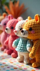 Naklejka premium Generative AI image of cute crochet bears lined up on polka dot surface