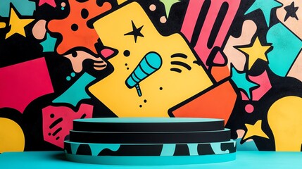 Vibrant backdrop with colorful geometric shapes.