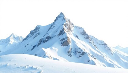 Snow-covered mountain peak, sharp silhouette on bright white, background, nature