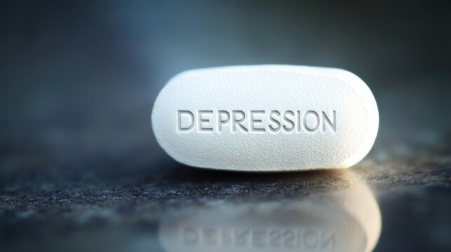 Pill with depression imprint on a dark reflective surface emphasizing mental health awareness and treatment options