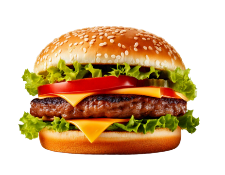 hamburger or burger with cheese and vegetables isolated on white background, image ai generate
