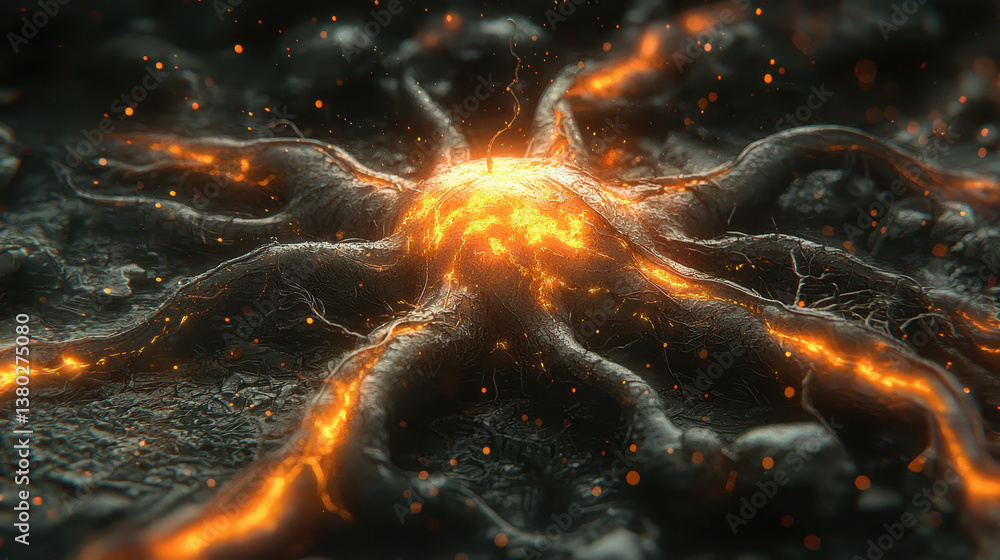 Aufkleber glowing neuron pulsates in dark space, symbolizing the essence of small data with intricate detail