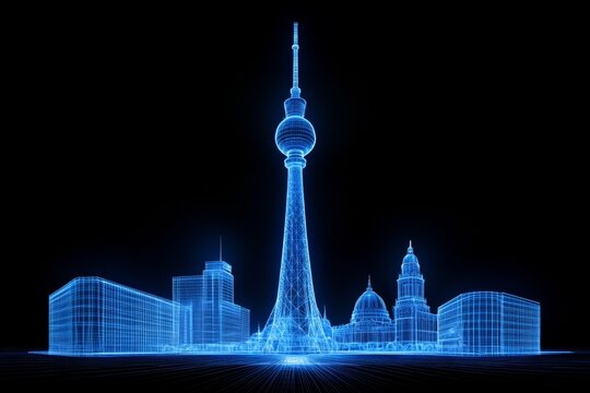 A 3D-rendered model of Berlin skyline at night, featuring a glowing Berlin TV Tower