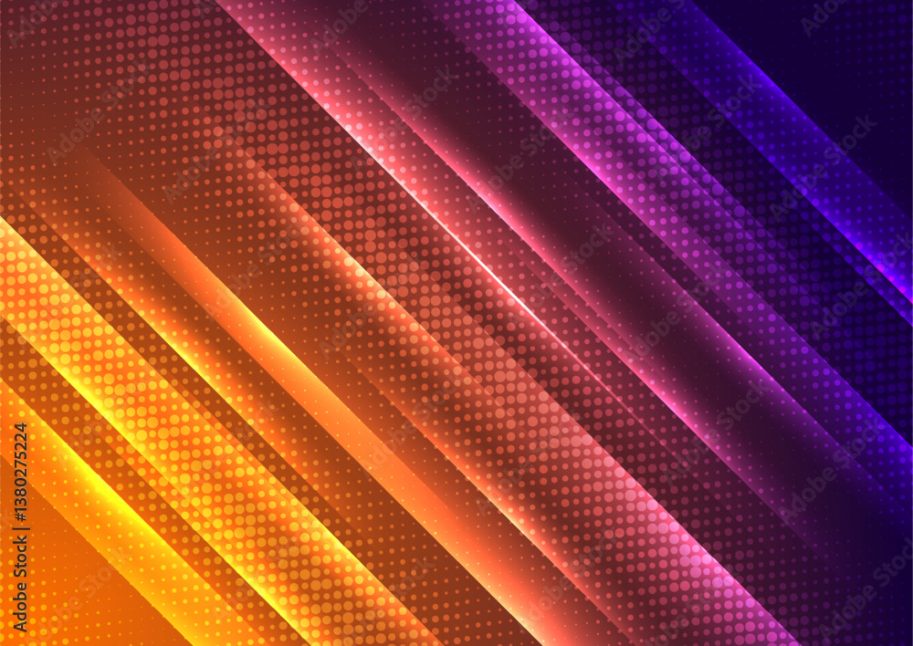 Aufkleber orange and violet glowing stripes and halftone dots abstract background. vector neon geometric graph