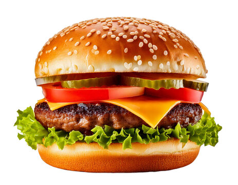 hamburger or burger with cheese and vegetables isolated on white background, image ai generate
