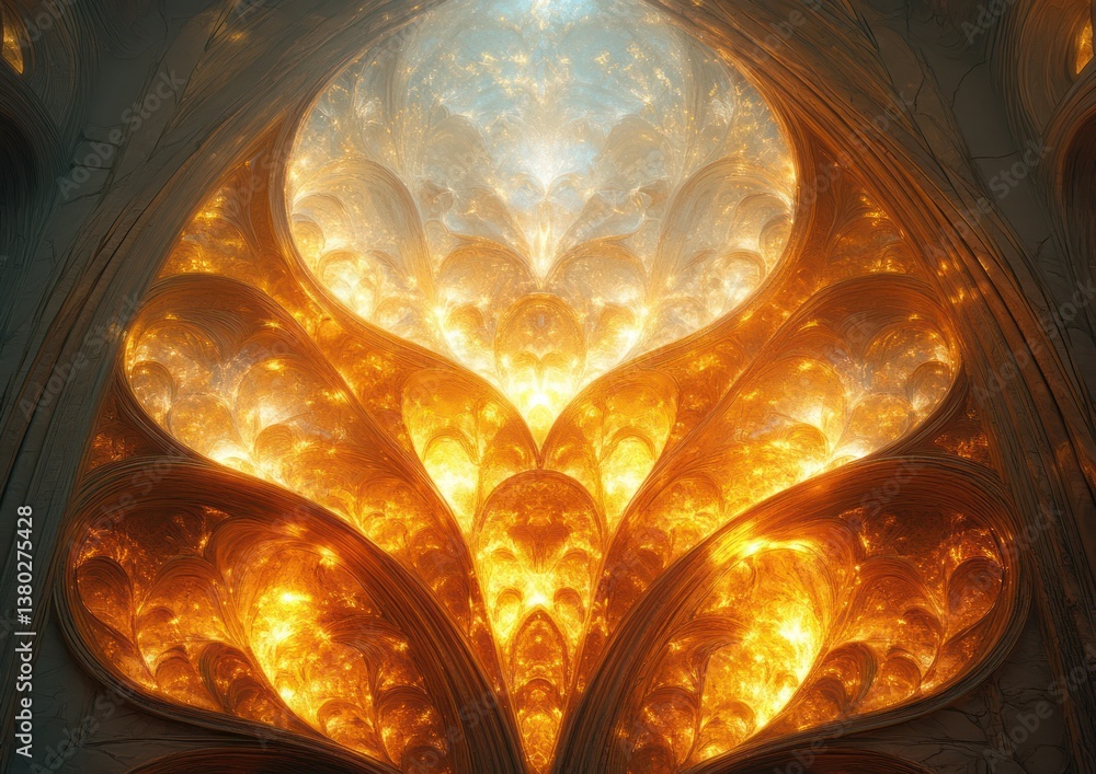 Poster fractal art circular patterns art deco symmetrical background with golden light effects