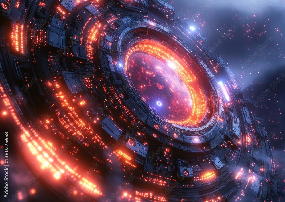 Aufkleber steampunk gears and fractals in a glowing abstract mechanical workshop