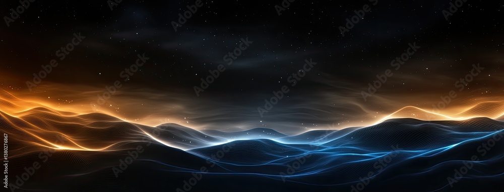 Poster glowing blue and orange lights form a digital wave pattern made of dots, creating an abstract backgr