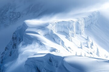 Snow Cliff, icy summit and pristine environment, blizzard sweeping across the landscape